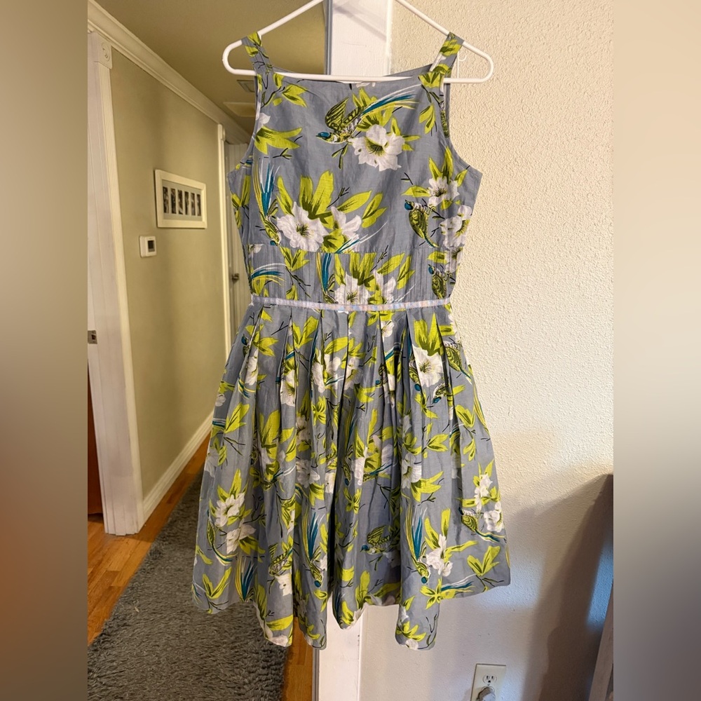 River Island Retro Style Grey Green Birds Floral Dress UK size 12